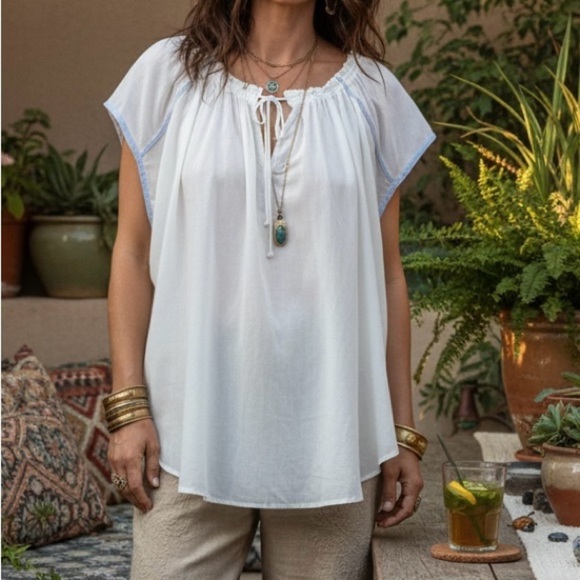 We The Free Tops - We The Free    Oversized Top Blouse
White Gauze Sheer Tie Neck Blue